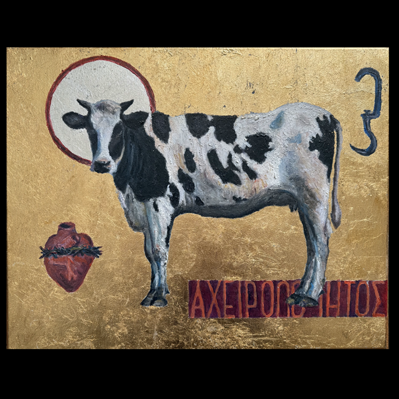 HOLY COW, oil, golden metal on canvas